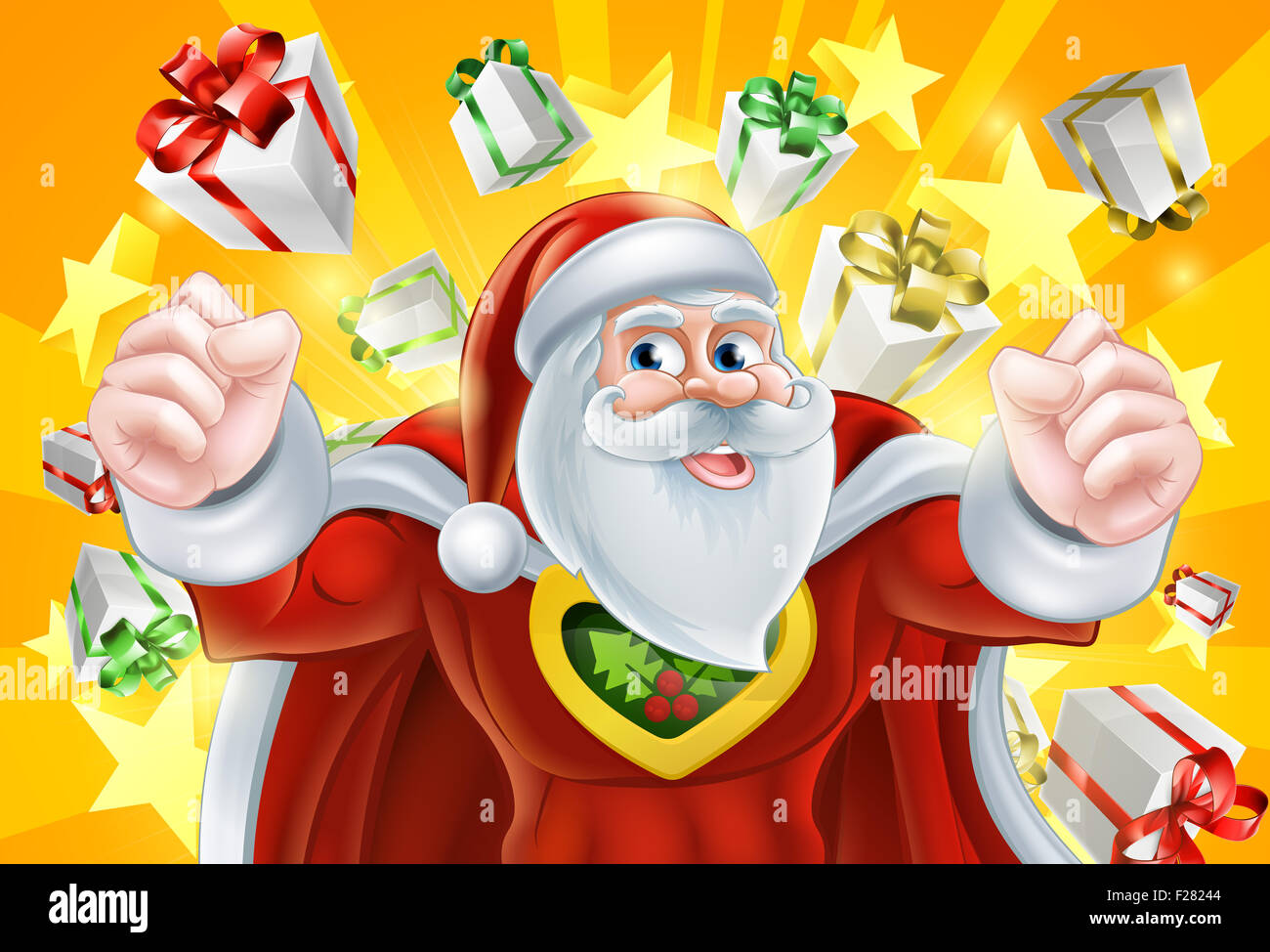 Cartoon Santa Claus Christmas superhero character with gifts and stars explosion in the background Stock Photo
