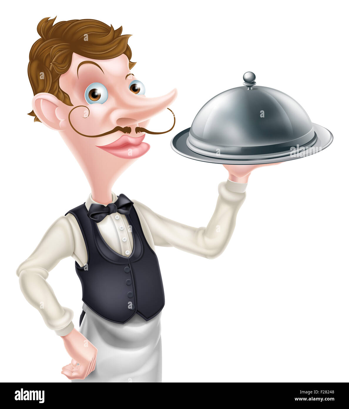 An illustration of a cartoon waiter holding a tray or silver dome Stock Photo