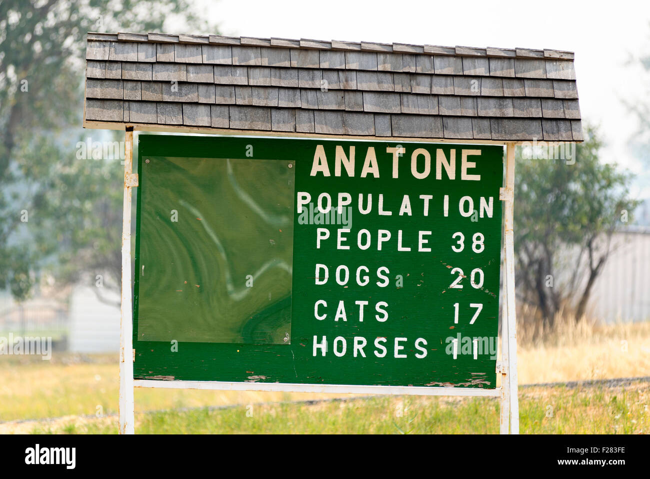 Population sign in the small town of Anatone, Washington. Stock Photo