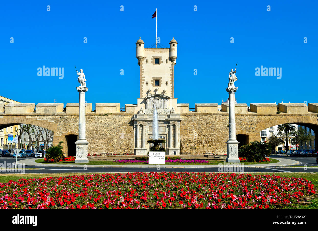 City gate Puerta de Tierra gate at Plaza de la Constitucion, Cádiz, Andalusia, Spain Stock Photo