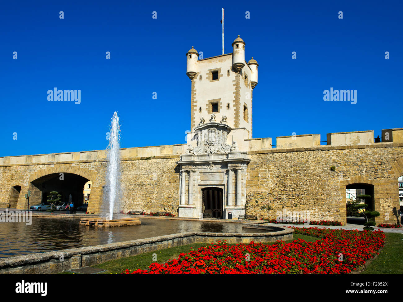 City gate Puerta de Tierra gate at Plaza de la Constitucion, Cádiz, Andalusia, Spain Stock Photo