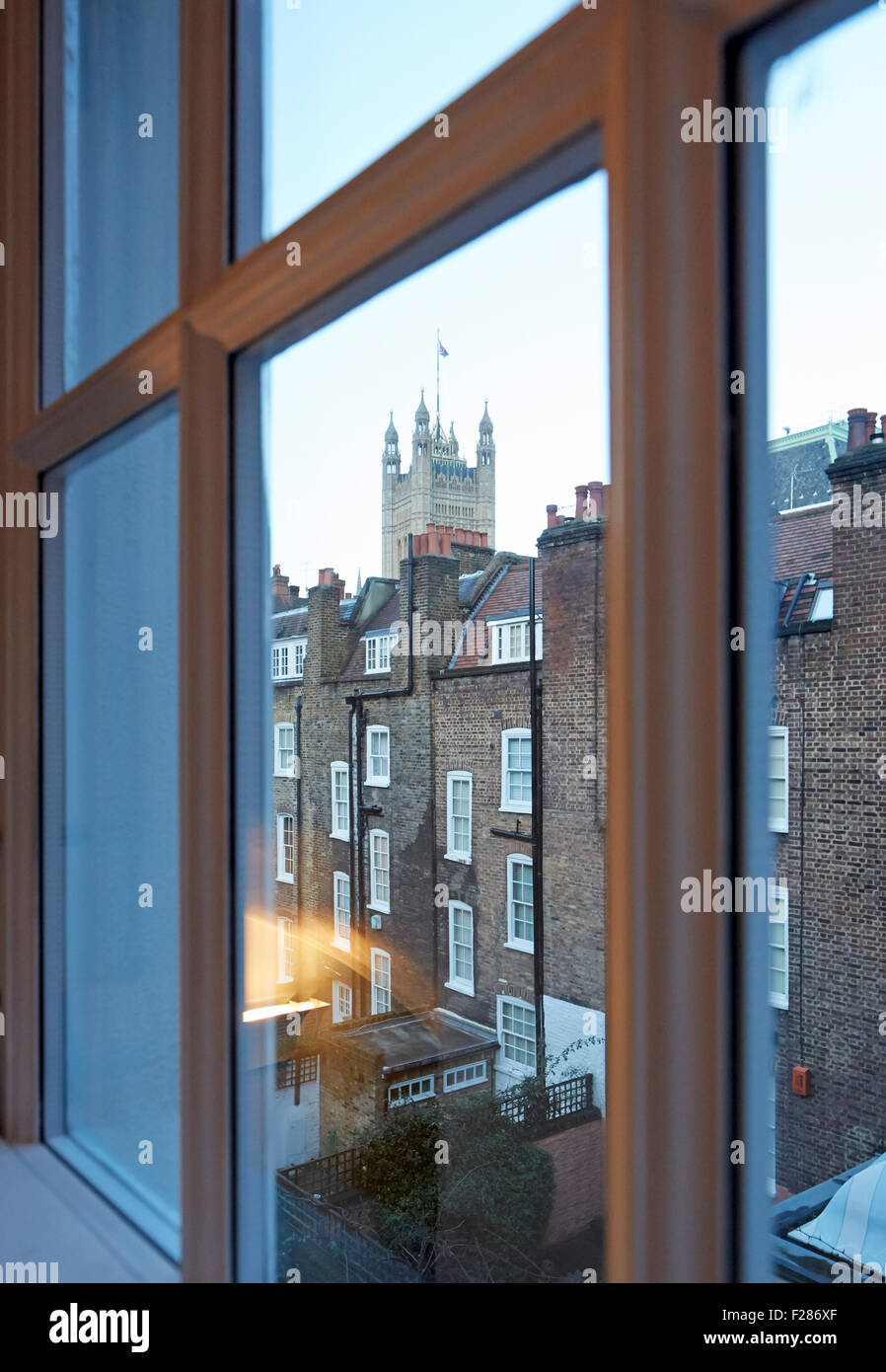 Interior View, looking towards houses of parliament. Westminster Terraced House, London, United Kingdom. Architect: Ben Adams Ar Stock Photo