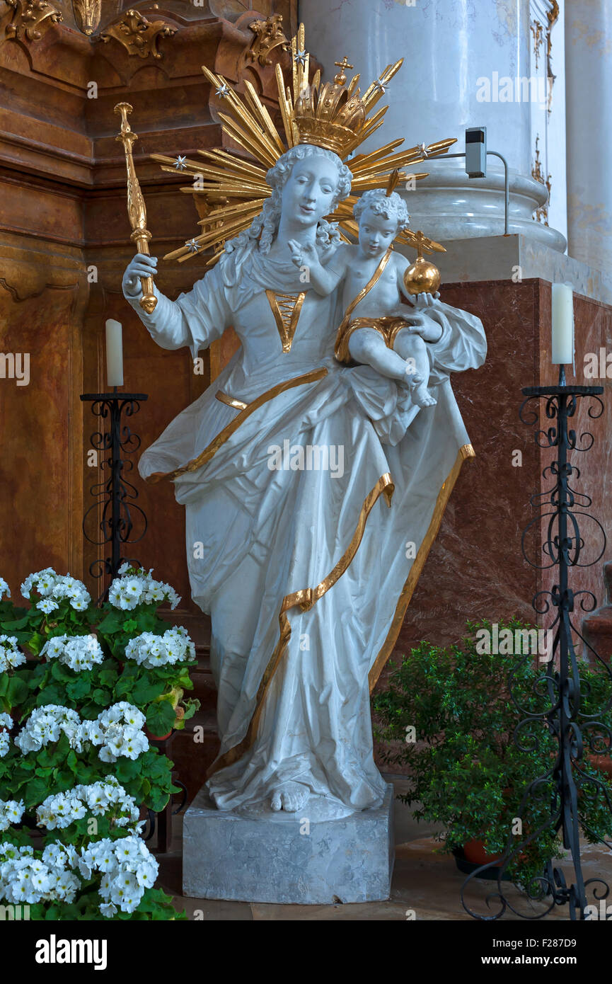 Madonna sculpture with baby Jesus in the Baroque Marienmünster, Dießen, Upper Bavaria, Germany Stock Photo