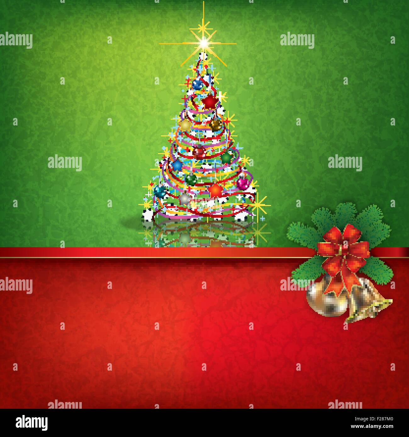 Abstract grunge red green background with hand bells and Christmas tree ...