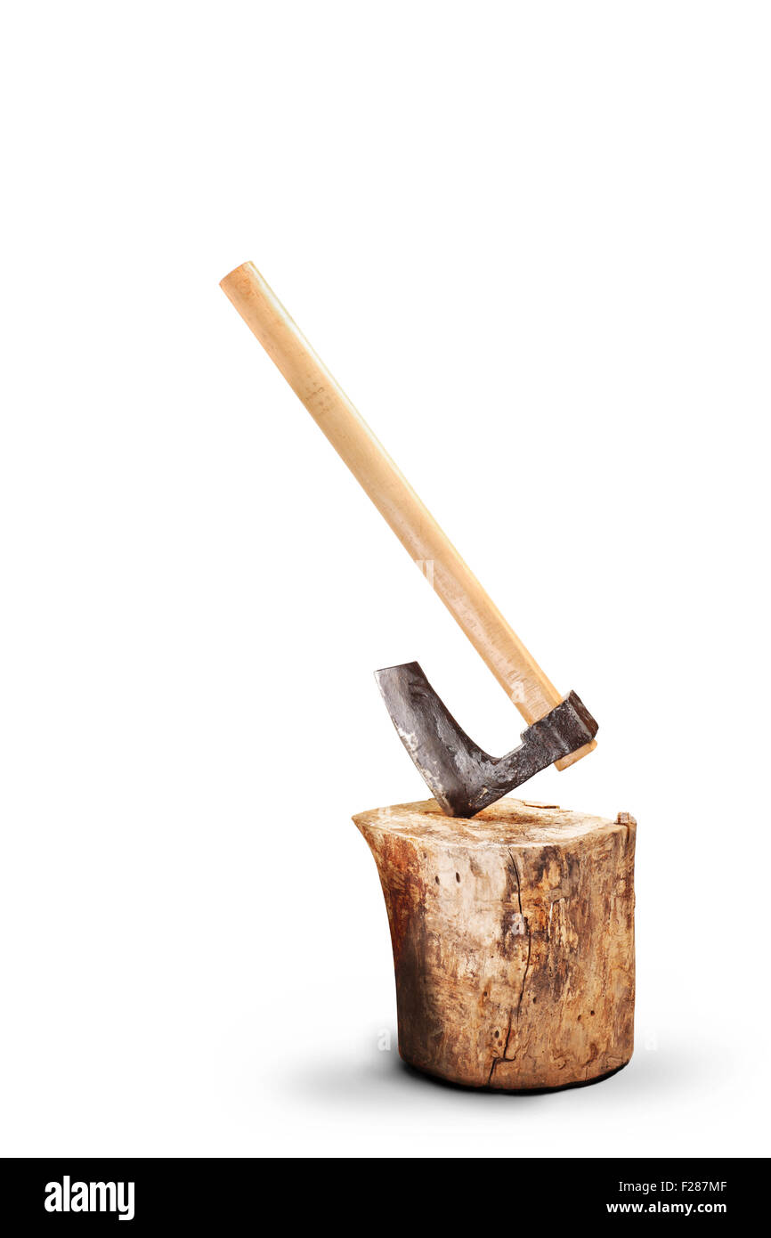 A small ax inserted into a log isolated on white background Stock Photo