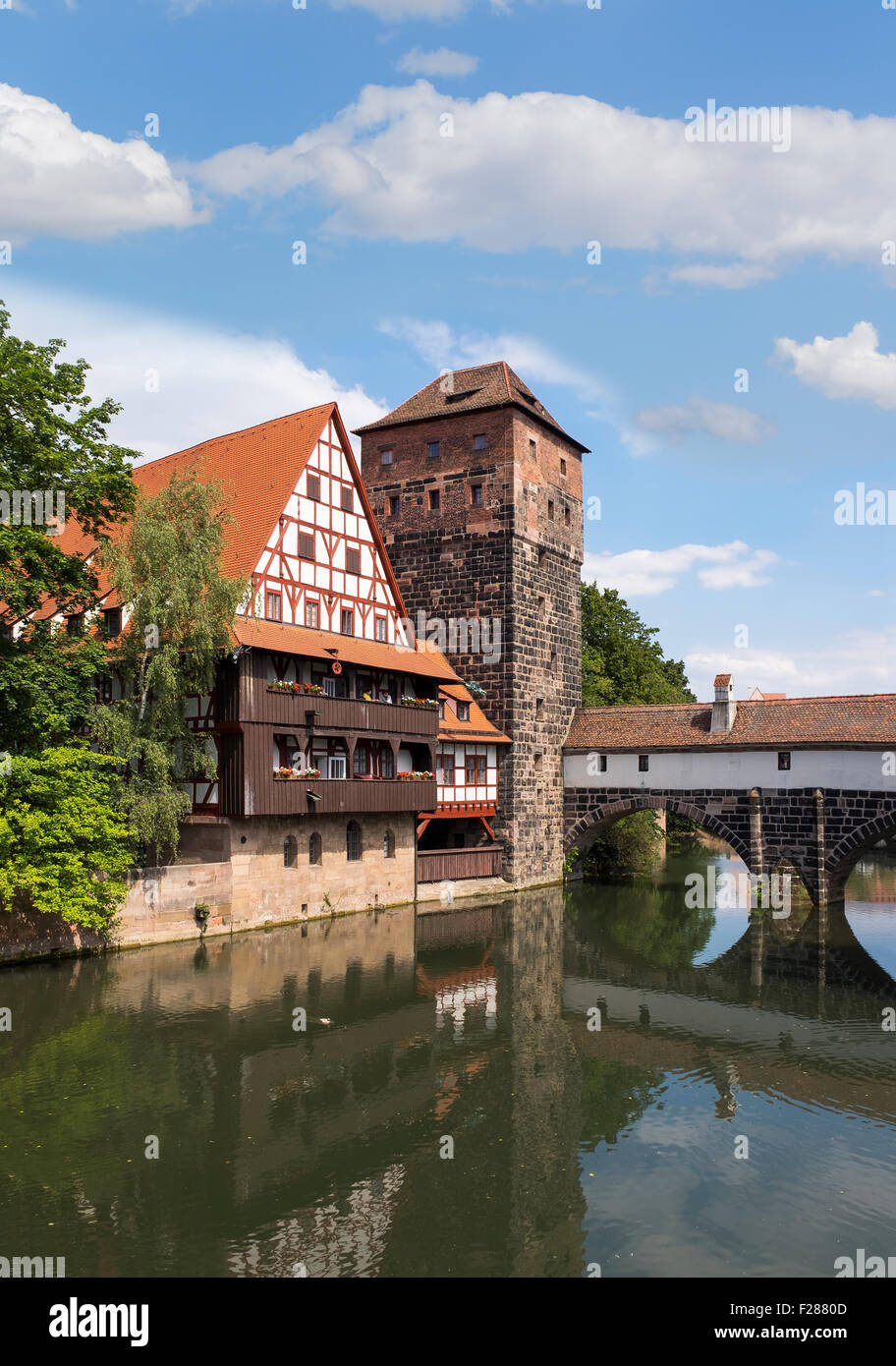 Weinstadel and water tower by the river Pegnitz, Sebald historic centre, Nuremberg, Middle Franconia, Franconia, Bavaria Stock Photo