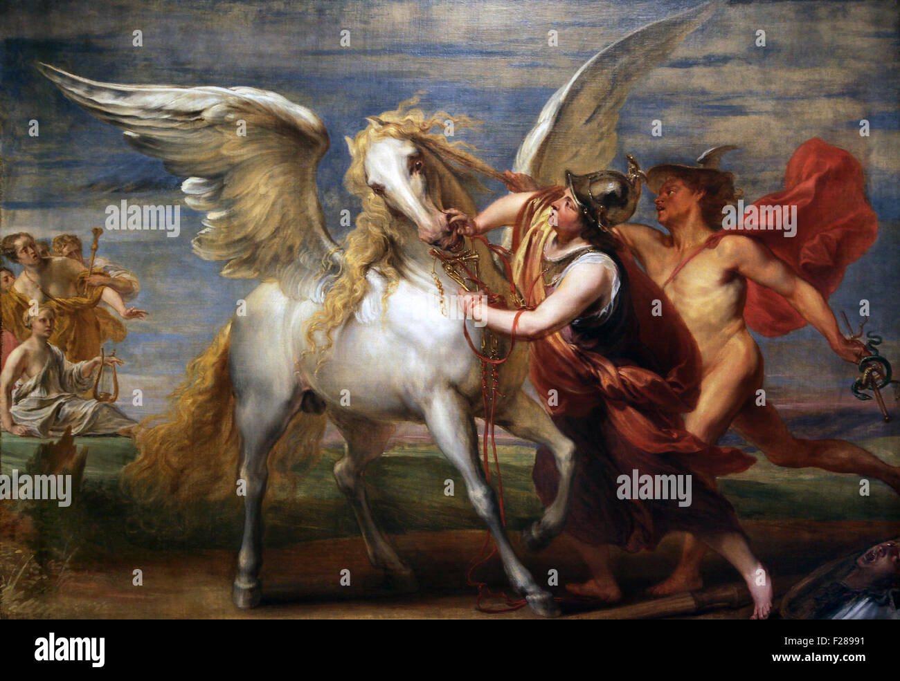 Minerva restrains Pegasus with the help of Mercury 1650-1654 by Jan Boeckhorst 1604-1668. Stock Photo