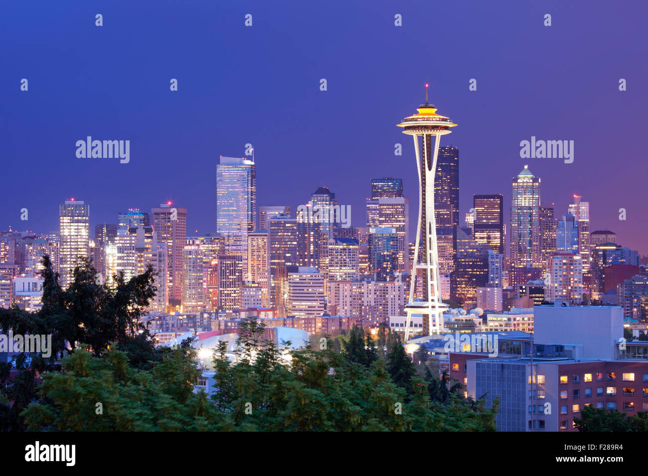 The Space Needle and the skyline of Seattle in Washington, USA. Photographed at night. Stock Photo
