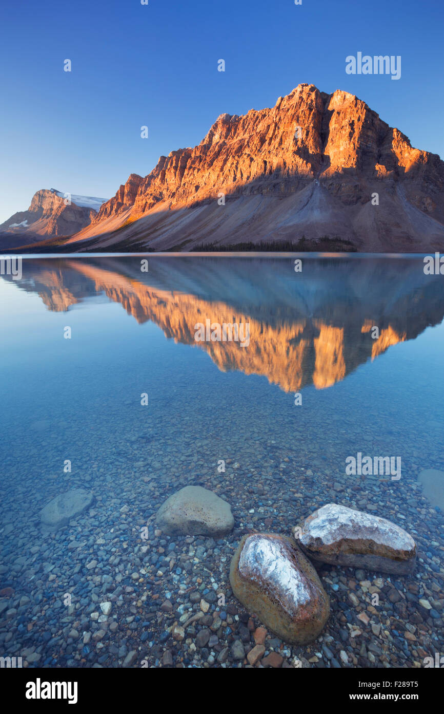 Bow Lake along the Icefields Parkway in Canada. Photographed at sunrise. Stock Photo