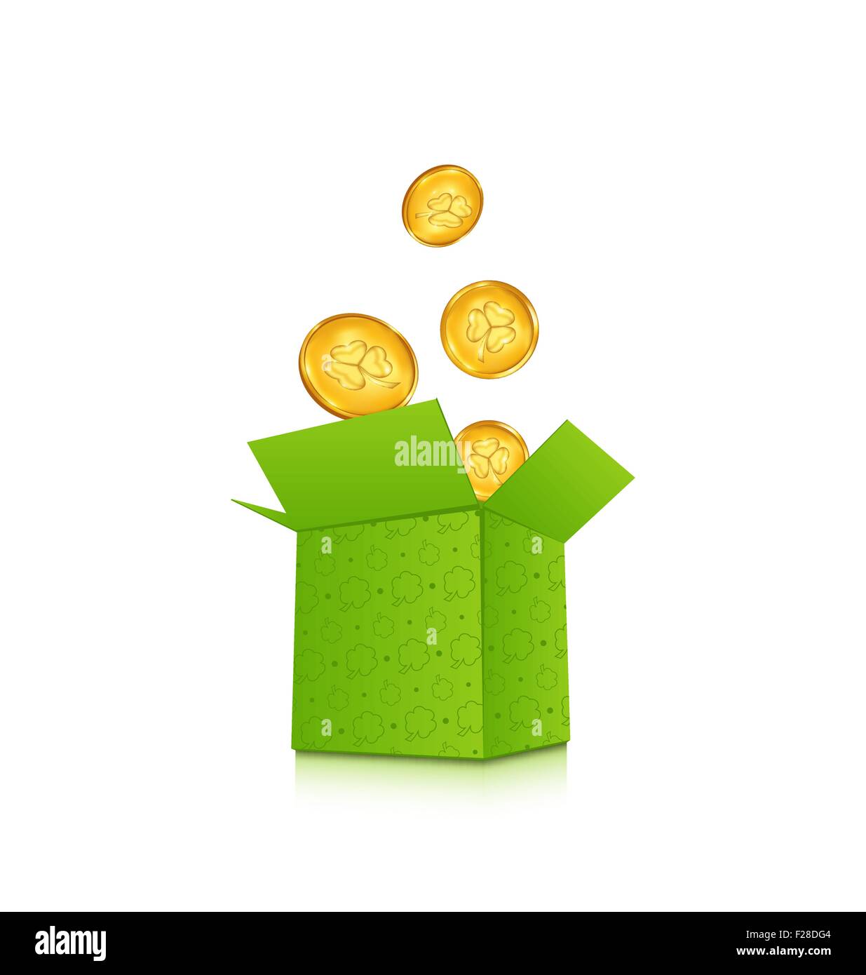 Open cardboard box with golden coins for St. Patrick's Day, isol Stock Vector