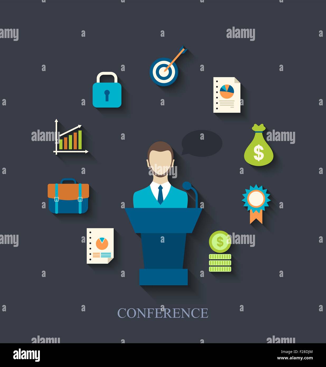 Orator speaking from tribune and flat icons of business conferen Stock ...