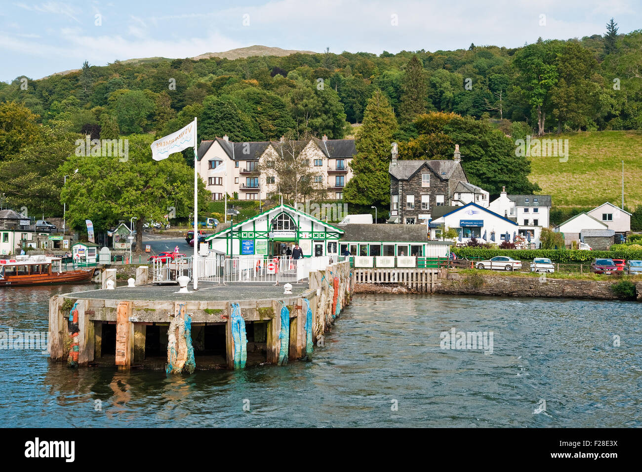 Ambleside Pier at Waterhead on Lake Windermere, seen from a lake steamer approaching the pier Stock Photo