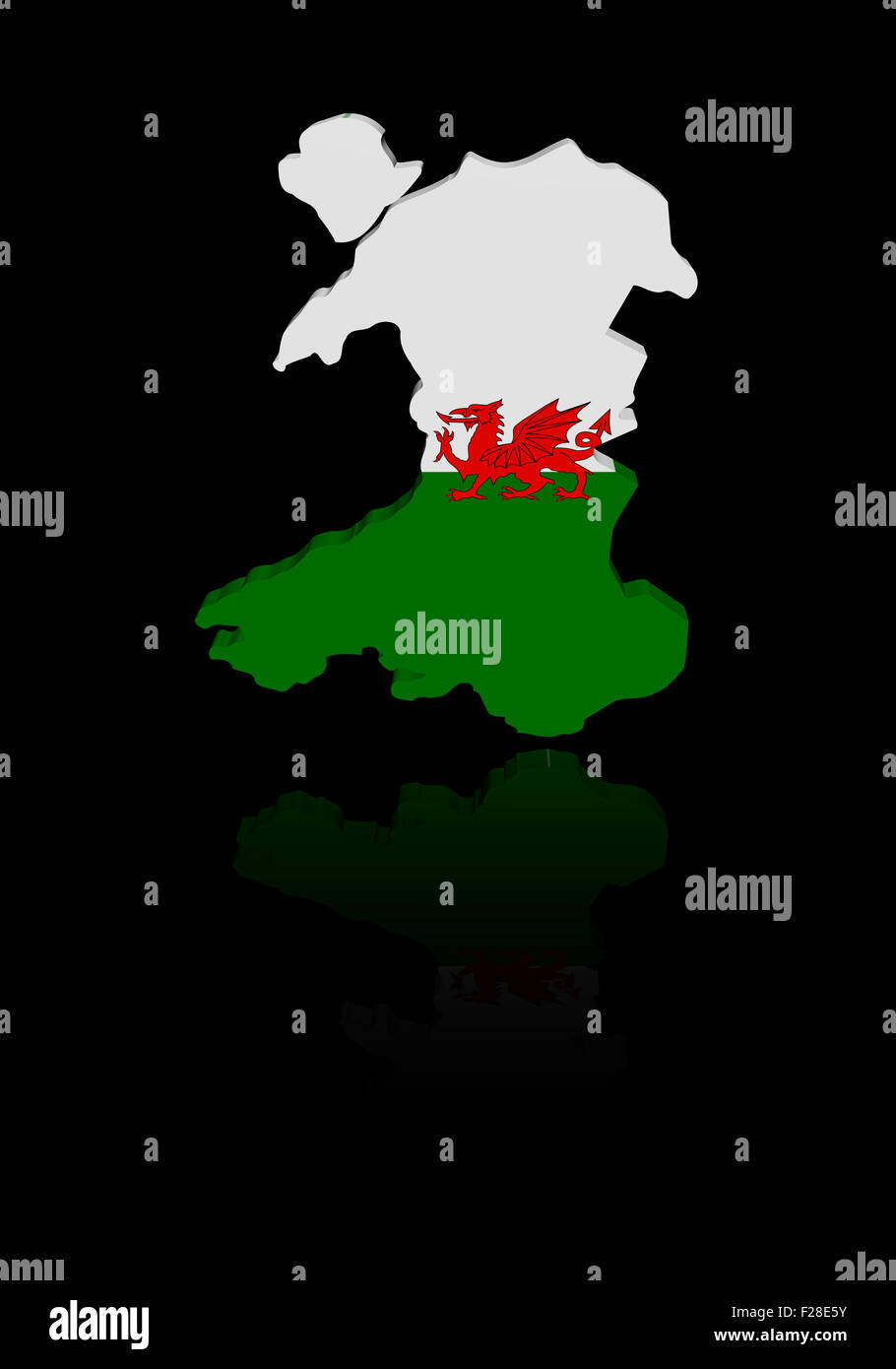 Wales map flag with reflection illustration Stock Photo