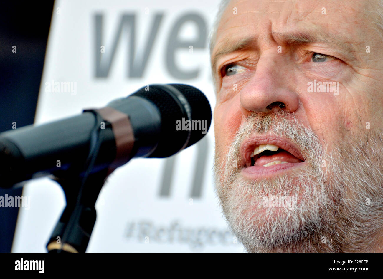 Jeremy Corbyn MP speaking at the 'Refugees Welcome Here' rally in Parliament Square,12/09/15, his first engagement as leader Stock Photo