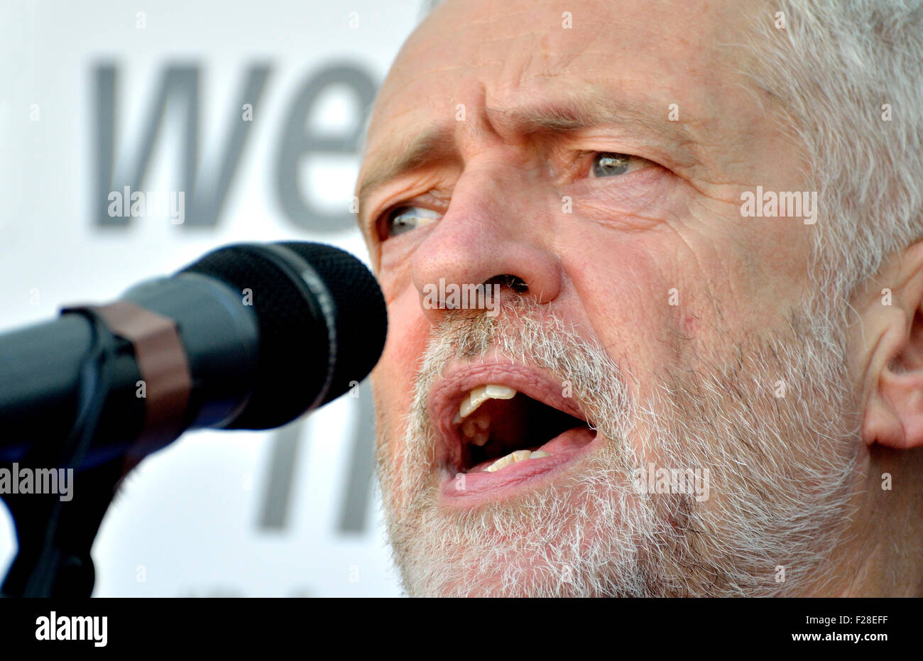 Jeremy Corbyn MP speaking at the 'Refugees Welcome Here' rally in Parliament Square,12/09/15, his first engagement as leader Stock Photo
