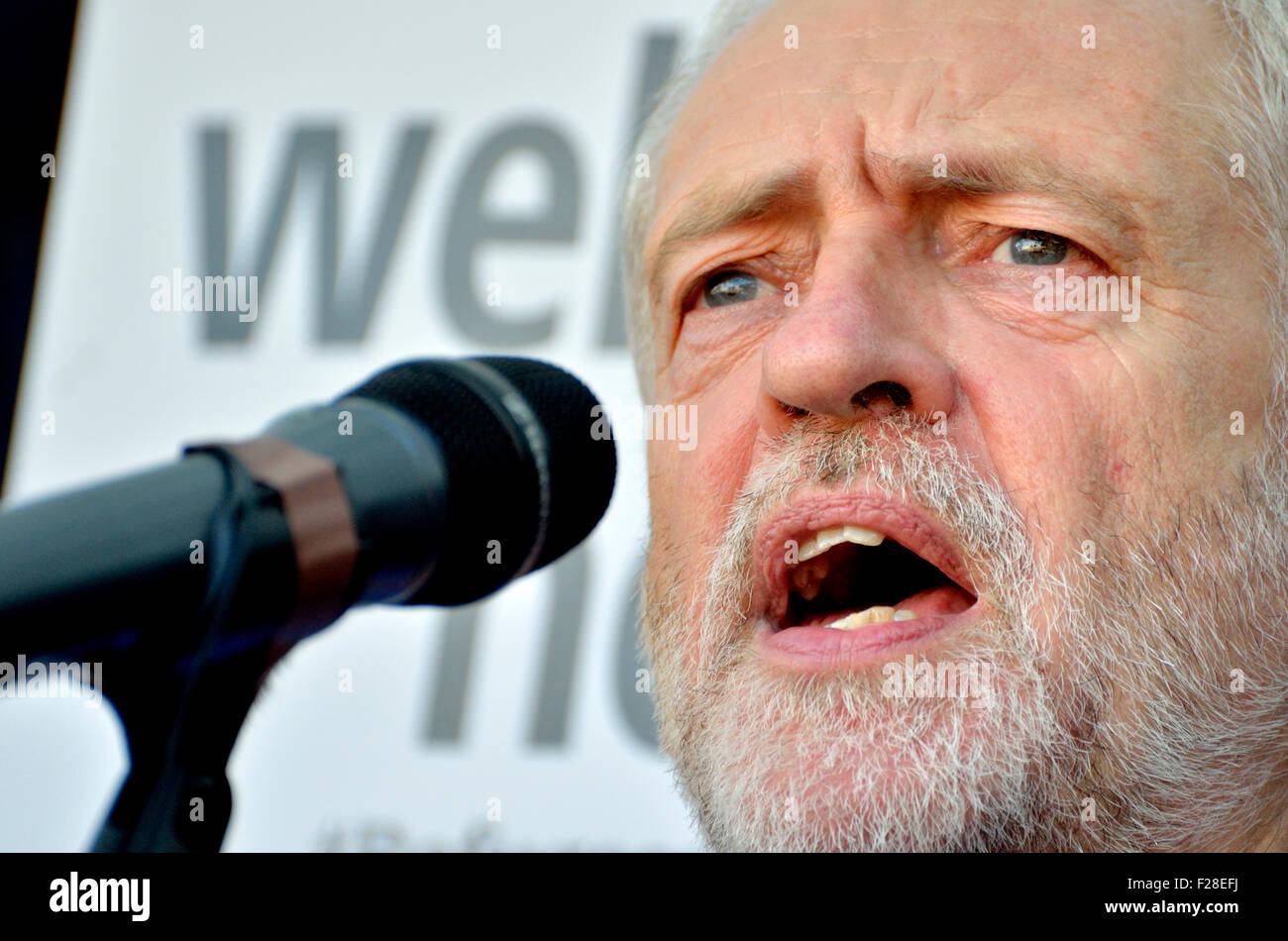 Jeremy Corbyn MP speaking at the 'Refugees Welcome Here' rally in Parliament Square,12/09/15, his first engagement as leader Stock Photo