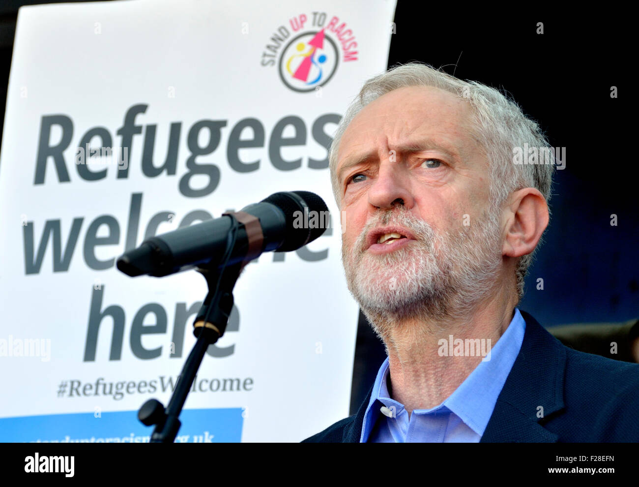 Jeremy Corbyn MP speaking at the 'Refugees Welcome Here' rally in Parliament Square,12/09/15, his first engagement as leader Stock Photo