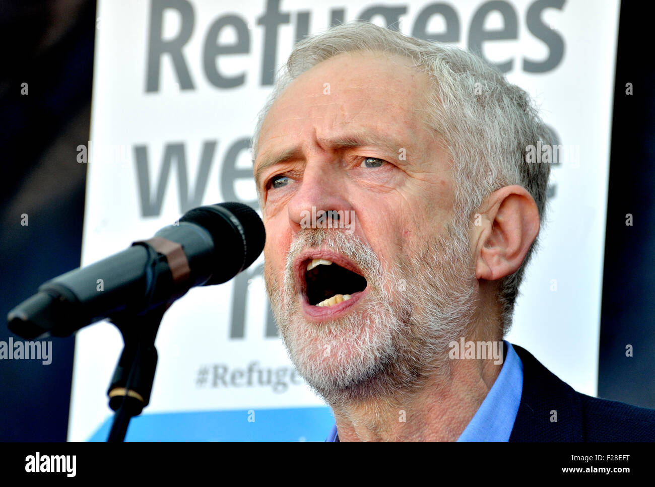 Jeremy Corbyn MP speaking at the 'Refugees Welcome Here' rally in Parliament Square,12/09/15, his first engagement as leader Stock Photo