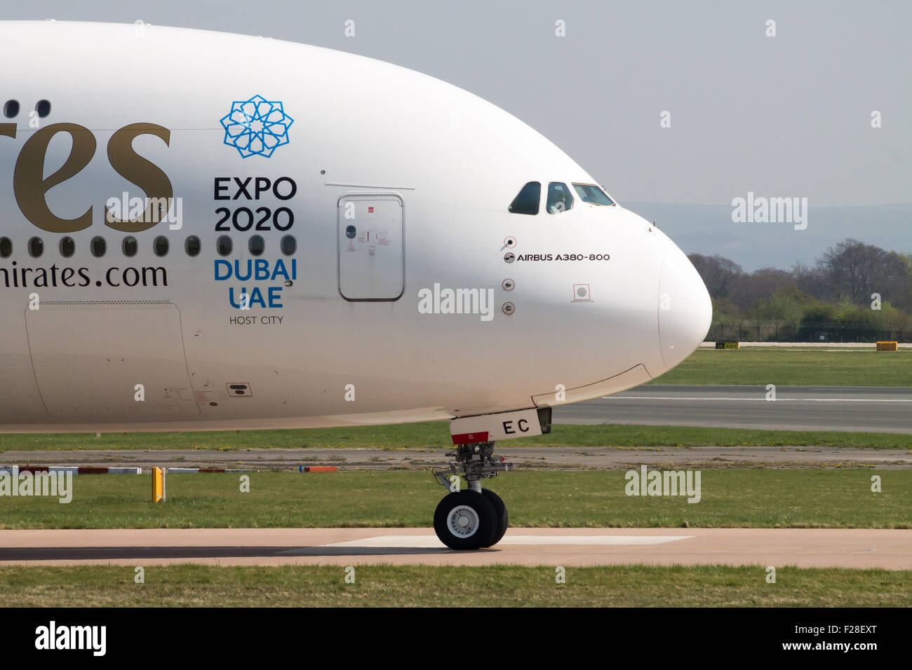 Emirates Airbus A380 taxiing on Manchester Airport taxiway. Stock Photo
