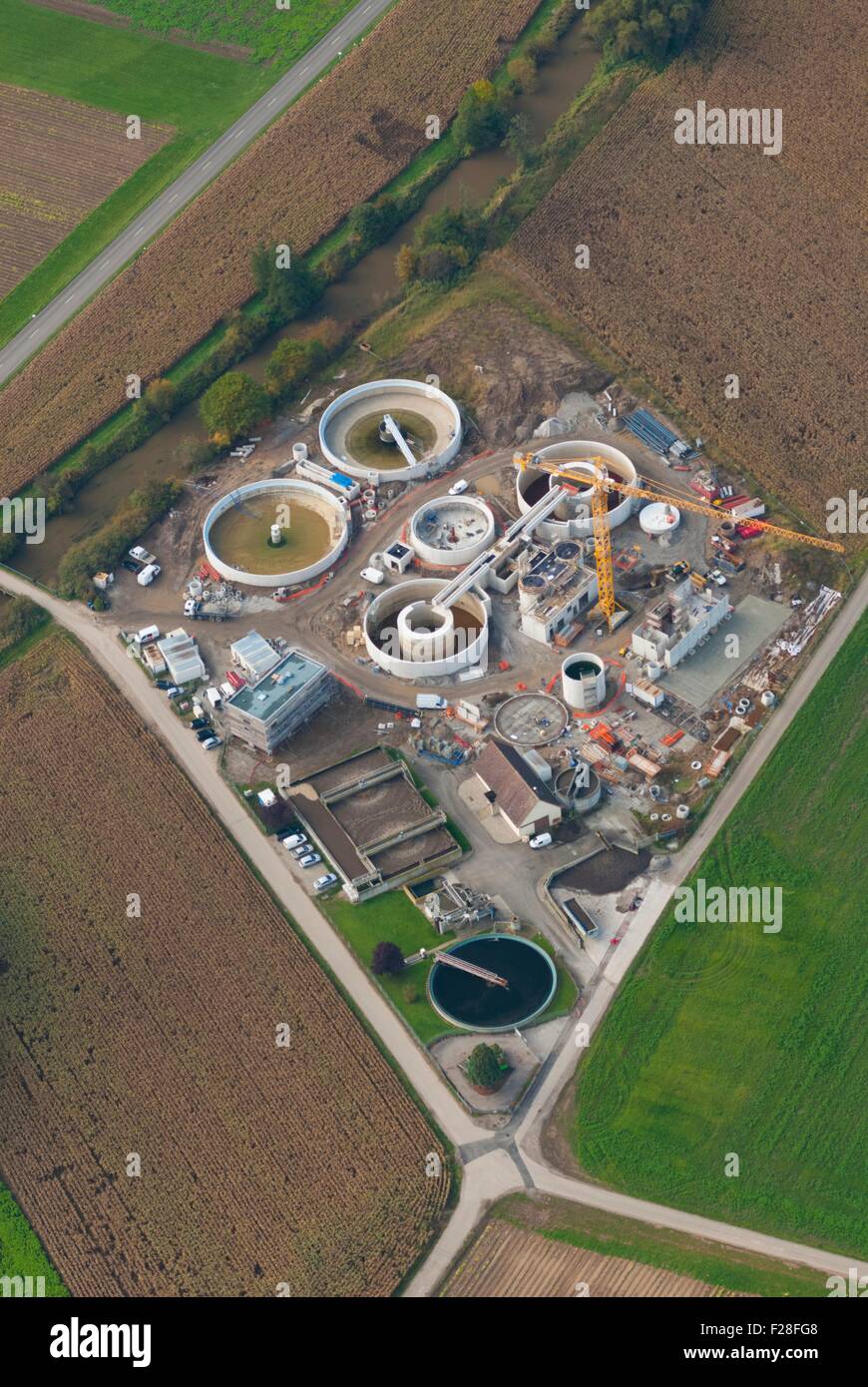 France, Bas Rhin (67),Weyersheim, construction site of sewage water treatment plant (aerial view) Stock Photo