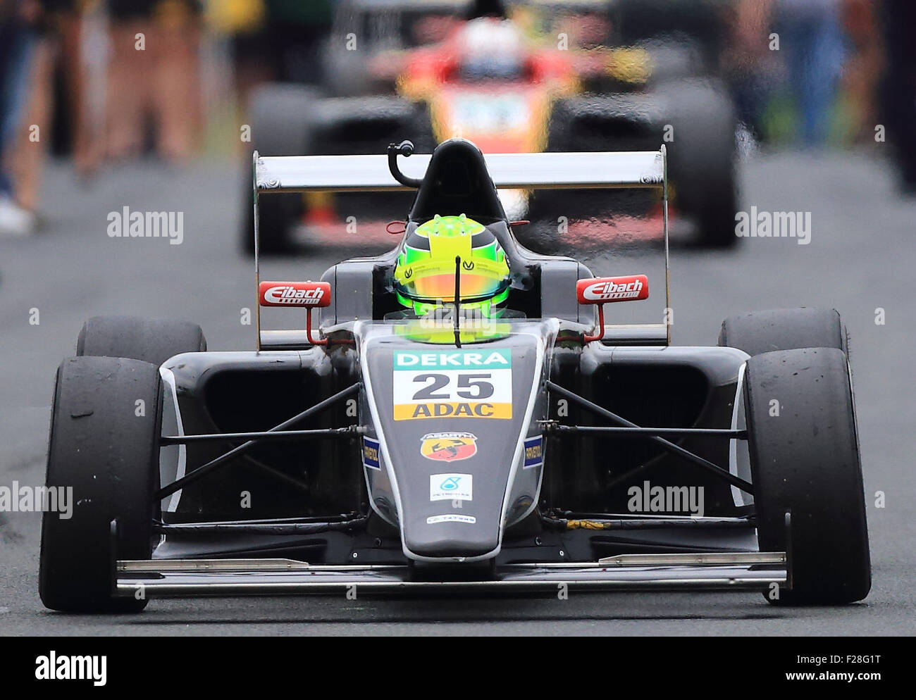 Oschersleben, Germany. 13th Sep, 2015. German Forumla 4 pilot Mick Schumacher of the Dutch team 'Van Amersfoort Racing' prepares for his third run at the ADAC Formula 4 race in Oschersleben, Germany, 13 September 2015. The son of Formula 1 record world champion Michael Schumacher was eliminated after a collission in the third race of the day. Photo: Jens Wolf/dpa/Alamy Live News Stock Photo