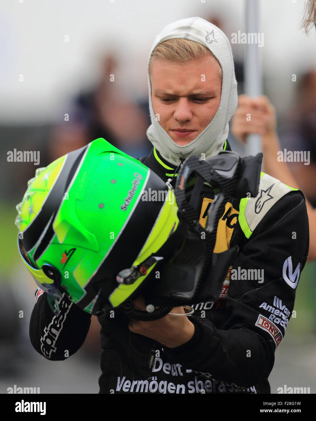 Oschersleben, Germany. 13th Sep, 2015. German Forumla 4 pilot Mick Schumacher of the Dutch team 'Van Amersfoort Racing' prepares for his third run at the ADAC Formula 4 race in Oschersleben, Germany, 13 September 2015. The son of Formula 1 record world champion Michael Schumacher was eliminated after a collission in the third race of the day. Photo: Jens Wolf/dpa/Alamy Live News Stock Photo