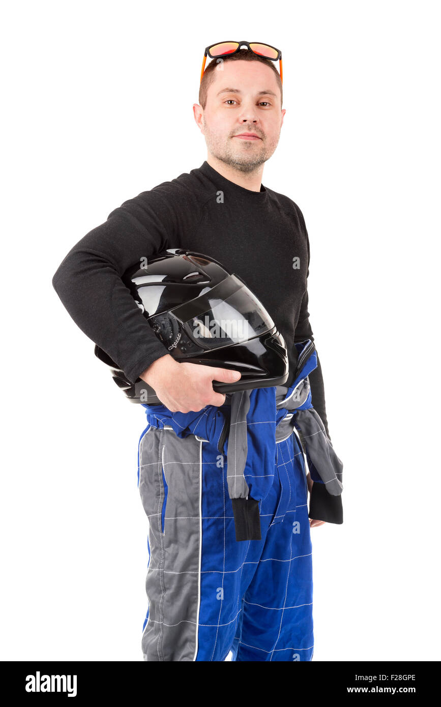 Racing driver posing with sunglasses and helmet isolated in white Stock