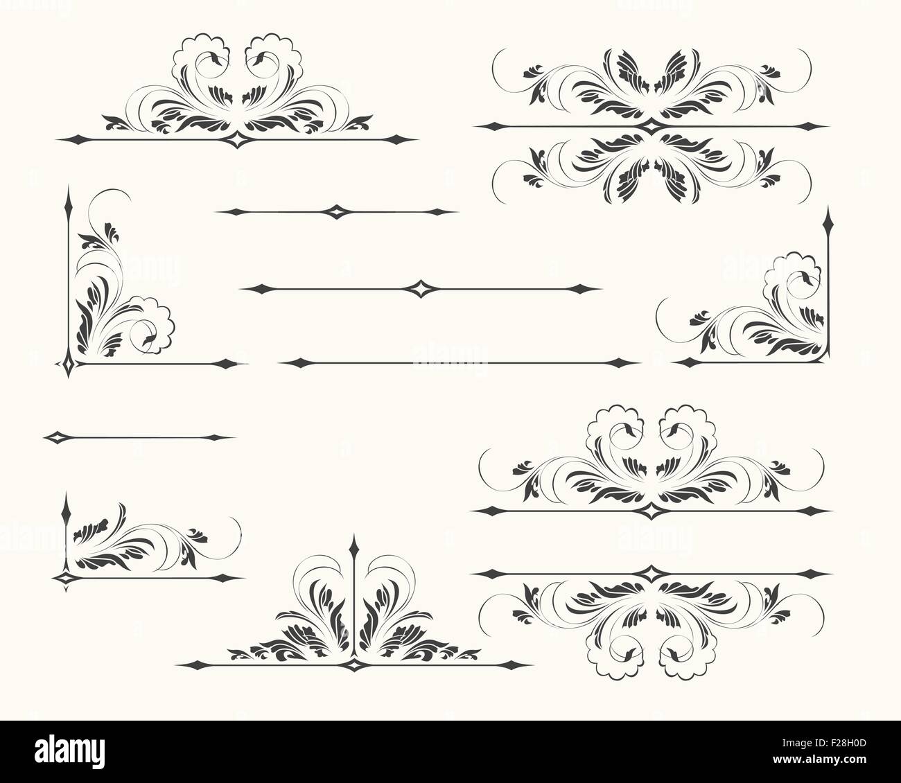 Set of decorative floral elements in vintage style. Dividers Corners and borders. Isolated on monochrome background. Stock Vector