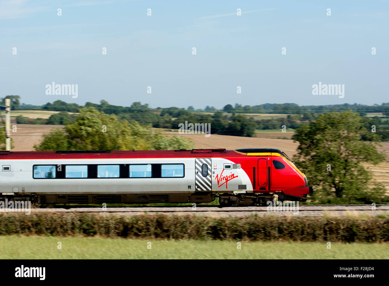 Virgin Trains Voyager diesel at speed, Warwickshire, UK Stock Photo