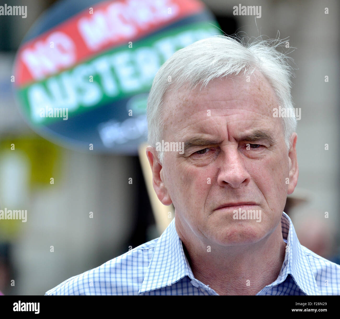 John McDonnell MP (Labour: Hayes and Harlington) speaking in Portland Place against Austerity, 21 June 2014. Shadow Chancellor Stock Photo