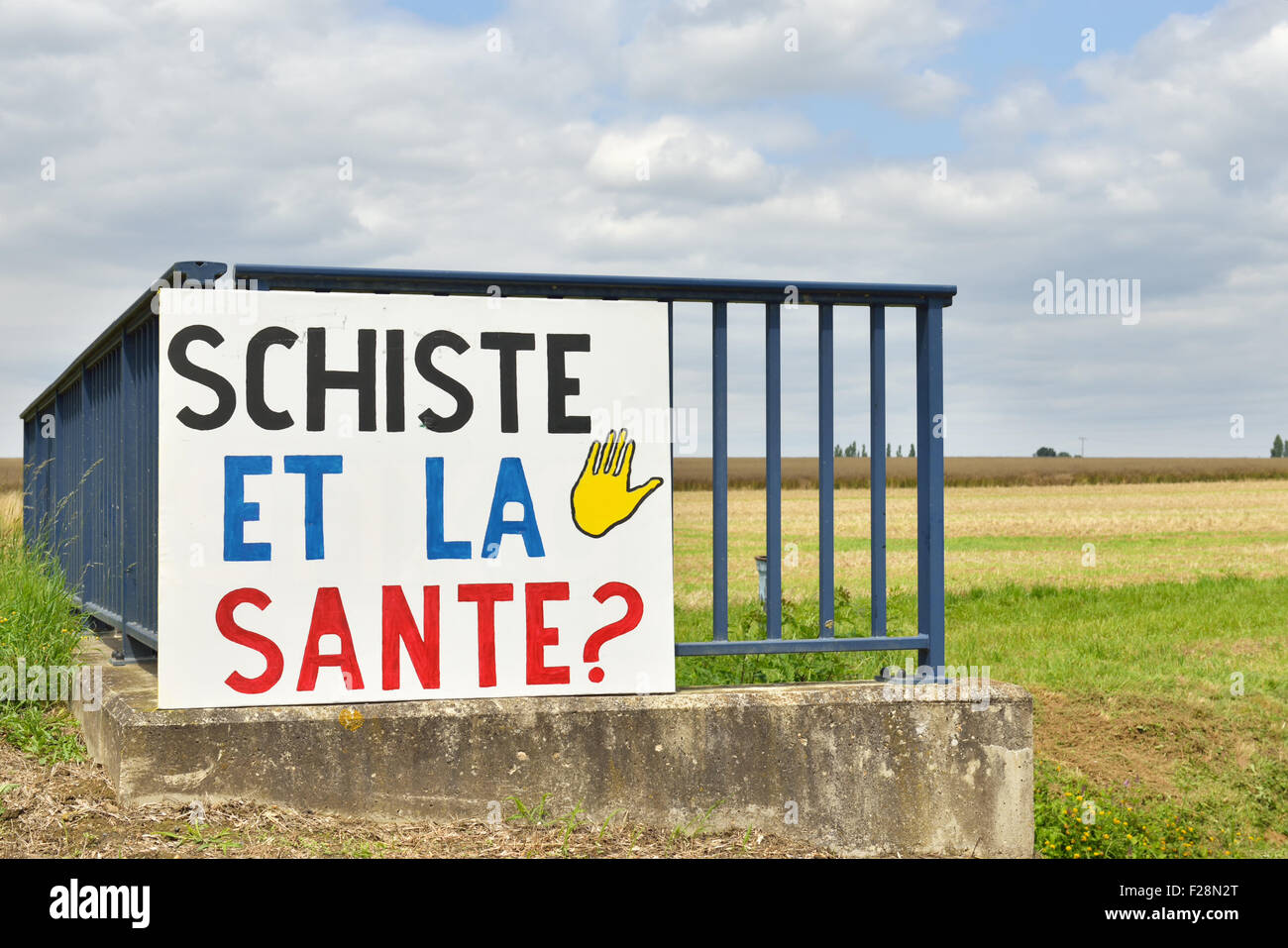 CHAMPAGNE-ARDENNE, FRANCE, JULY 15: Local poster against research of gaz de schiste or shale gas in Champagne-Ardenne region of Stock Photo