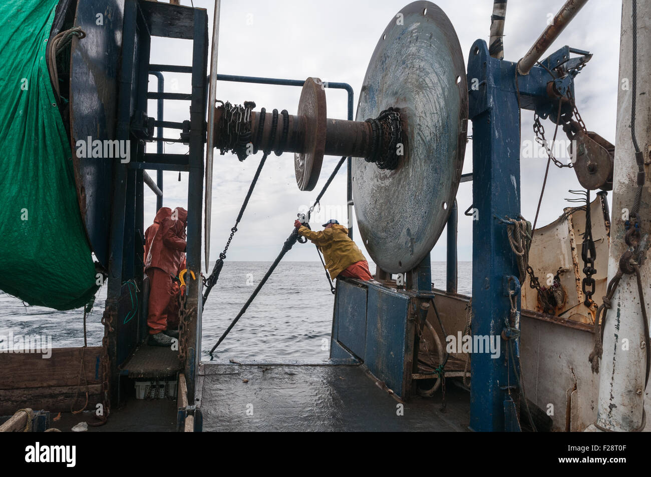 Hauling in dragger net filled with haddock, pollock, dogfish and