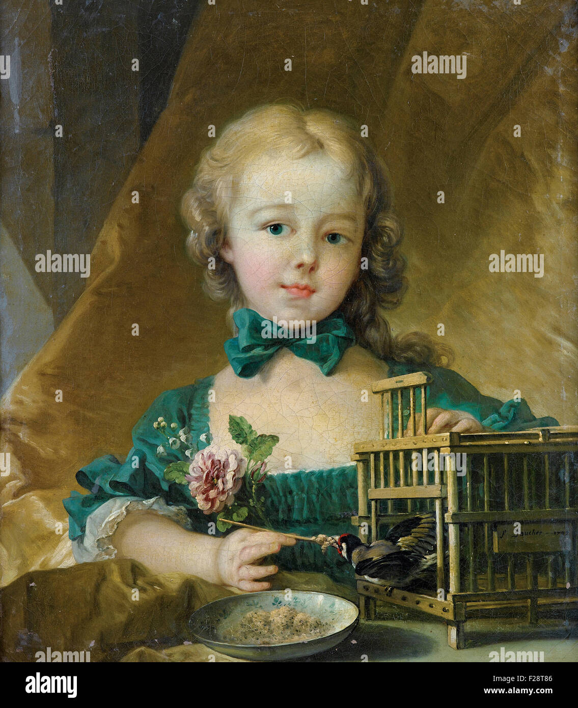 François Boucher -  Portrait d'Alexandrine Lenormand d'Etiolles jouant avec un Chardonneret Stock Photo