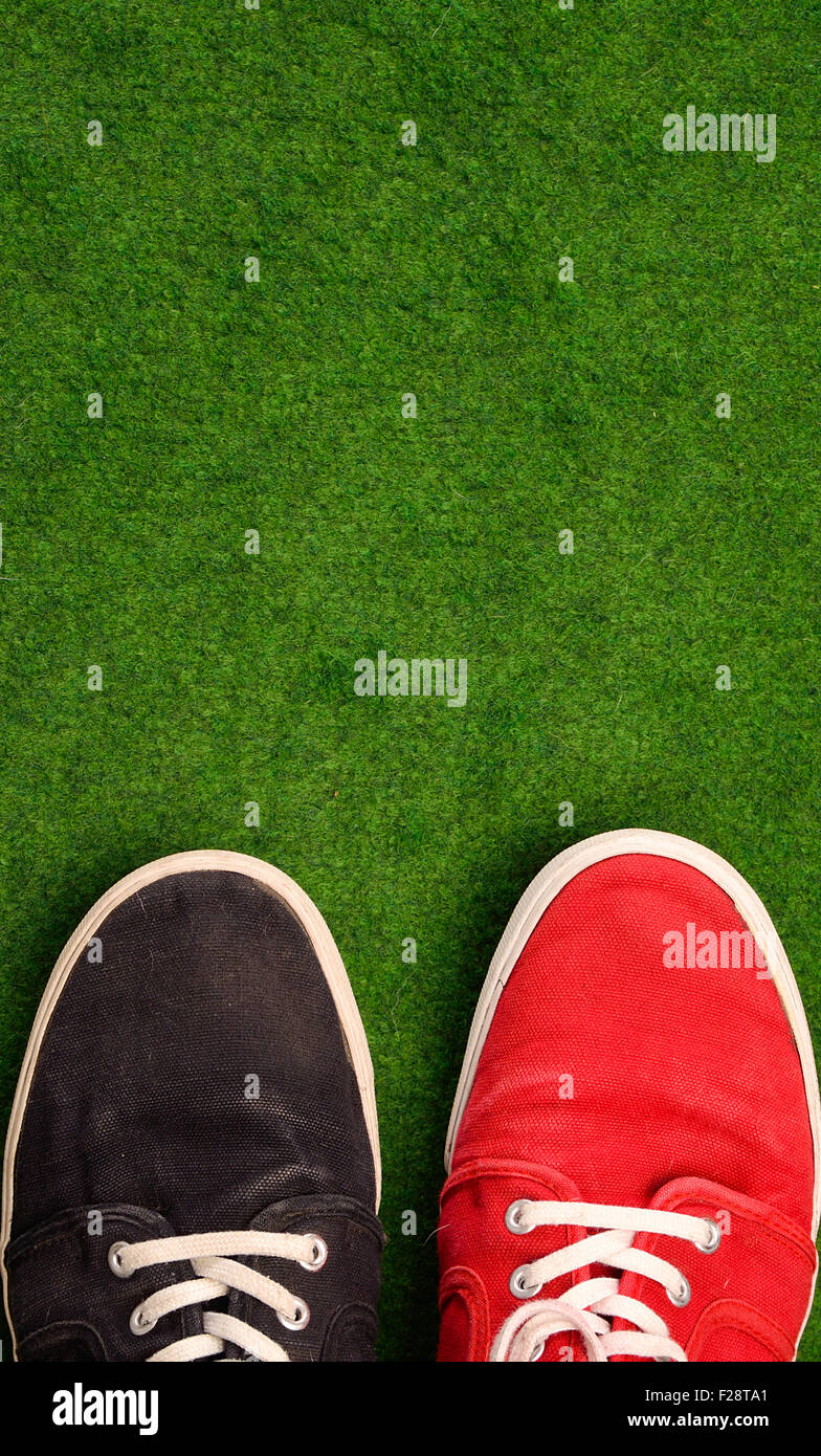Colorful shoes on a green grass background with space for text Stock
