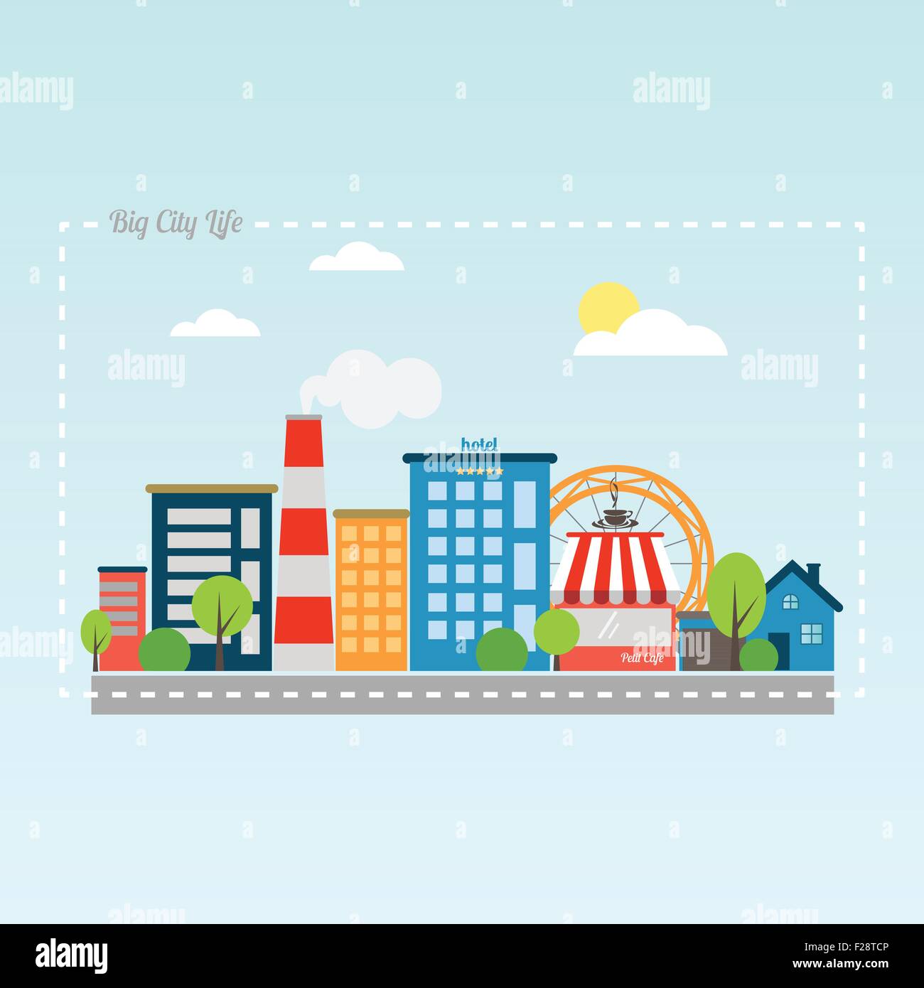 new flat style cityscape with modern buildings, hotel, market, park and ...