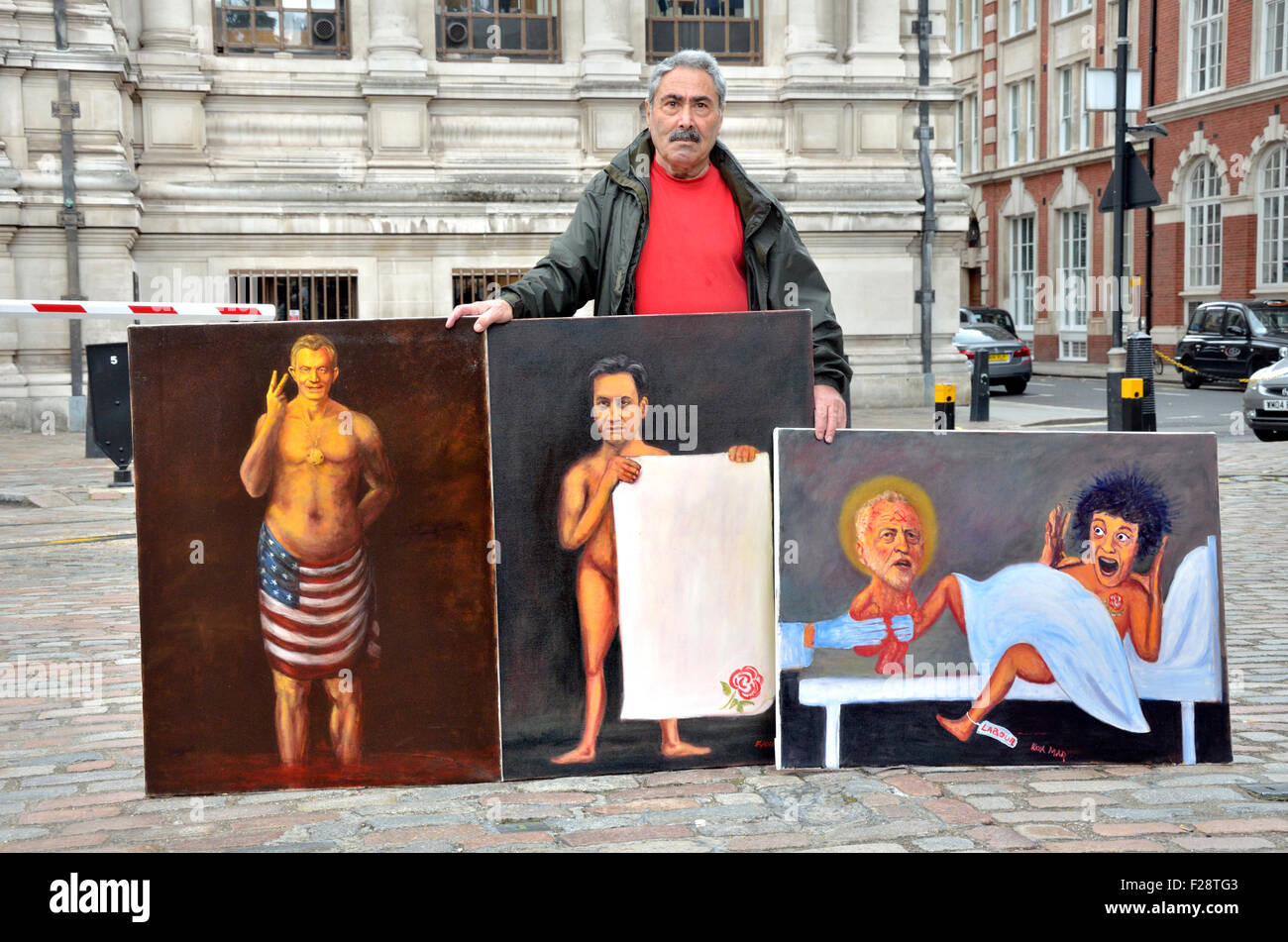 Kaya Mar, Turkish satirical cartoonist, with images of Labour leaders, outside the Queen Elizabeth II Conference Centre, London Stock Photo