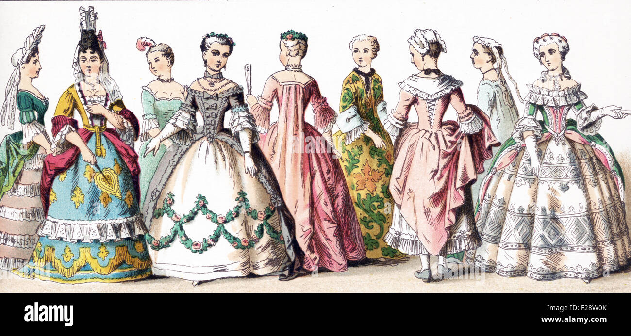 The figures illustrated here represent French ladies of rank—upper class women—between 1700 and 1750. The illustration dates to 1882. Stock Photo