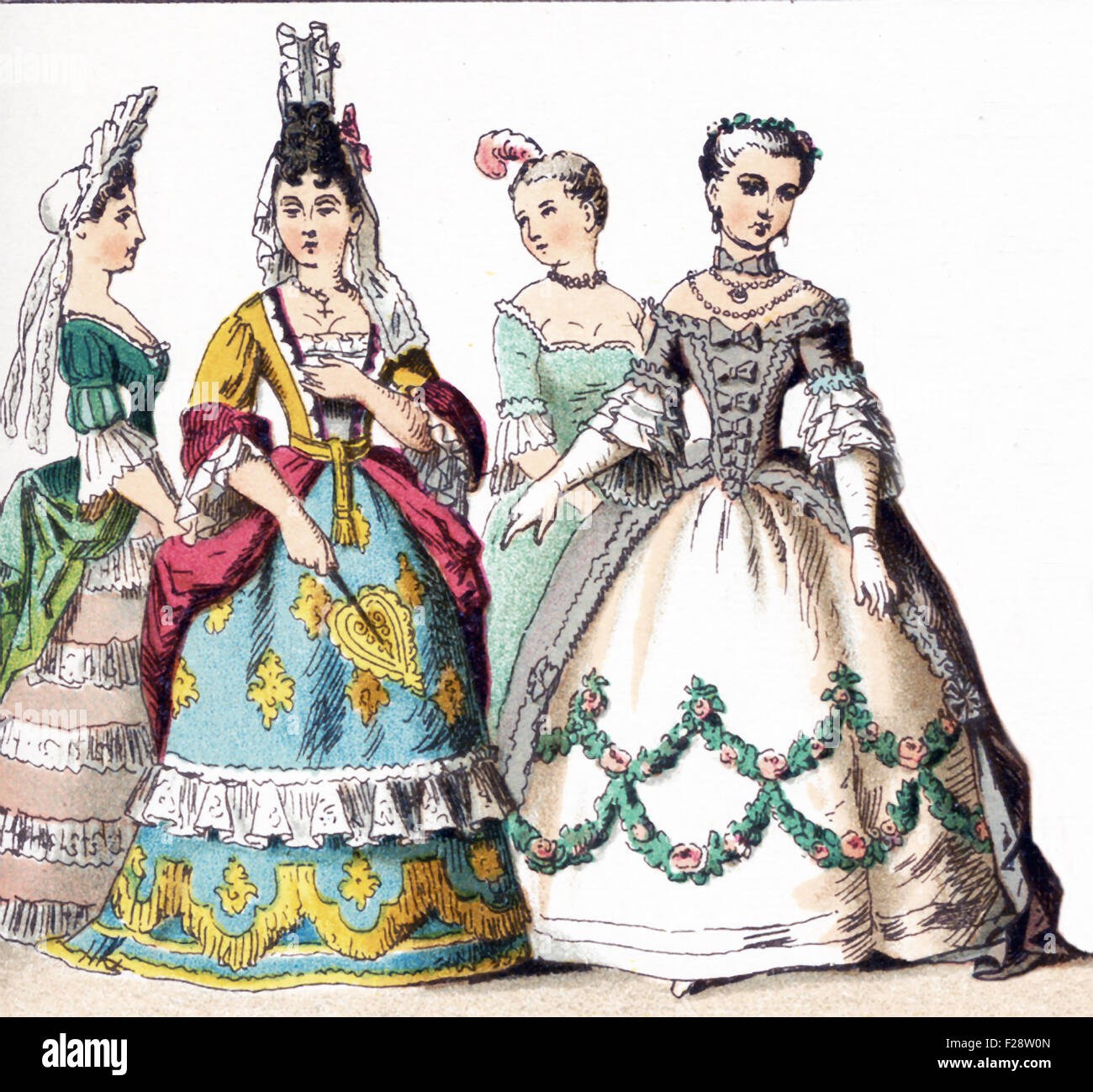 The figures illustrated here represent French ladies of rank—upper class women—between 1700 and 1750. The illustration dates to 1882. Stock Photo