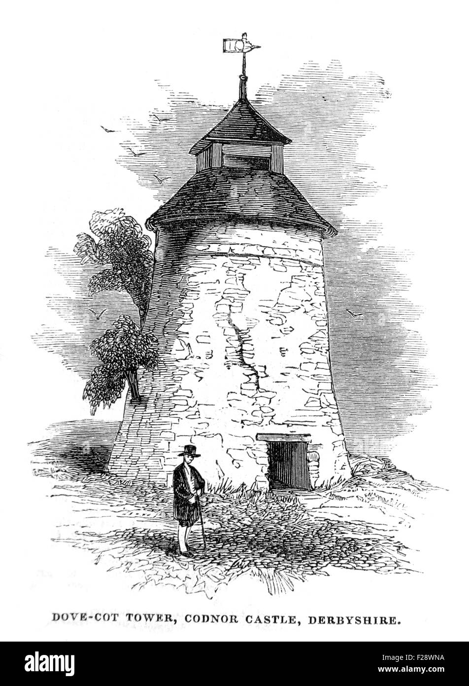 The Dovecote Tower, Codnor Castle, Derbyshire, Illustrated London News July 1844; Black and White Illustration; Stock Photo