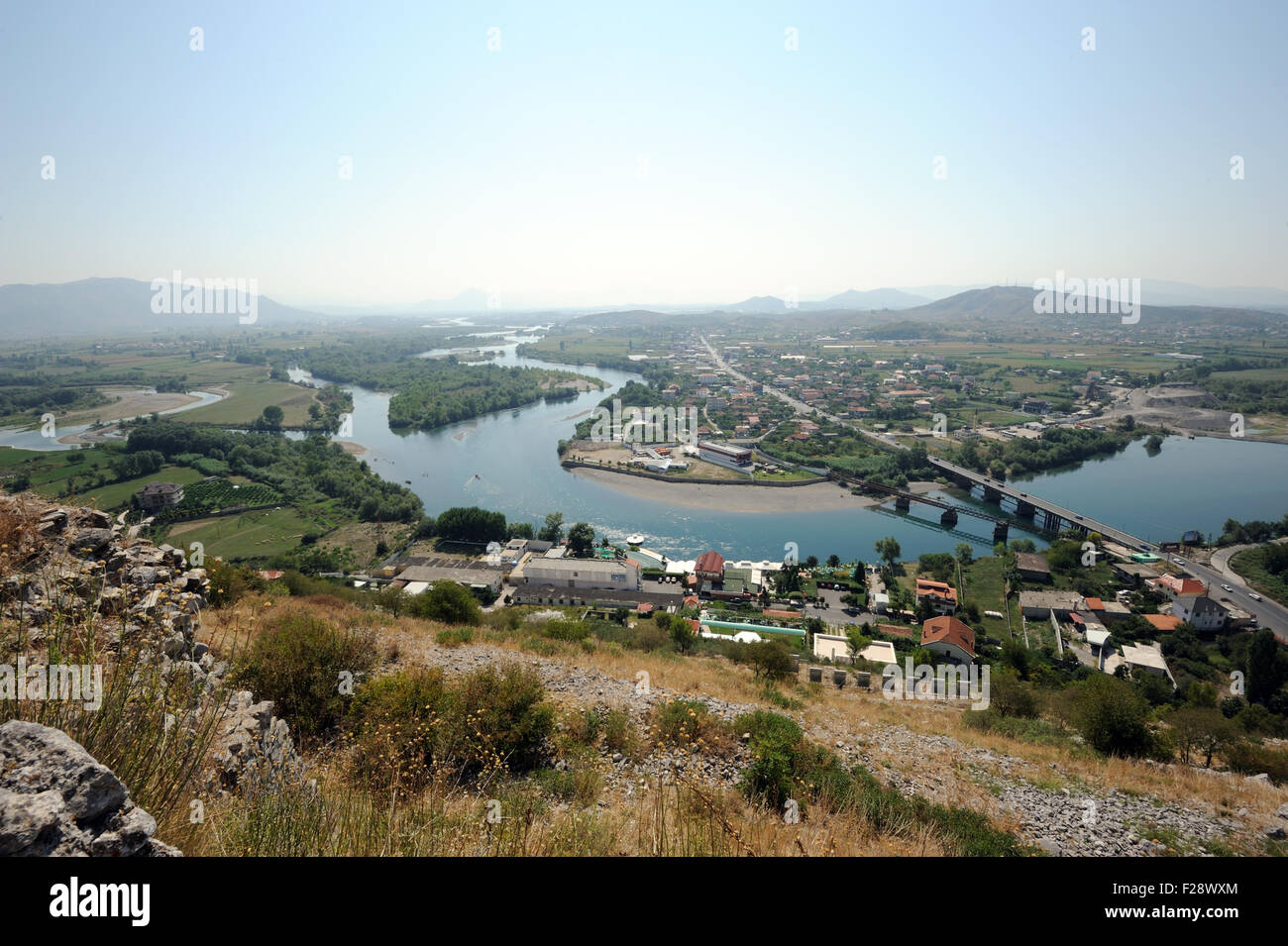 A bend in the River Drin from  Rozafa castle, Kalaja e Rozafës. Shkodër, Albania. 02Sep15 Stock Photo