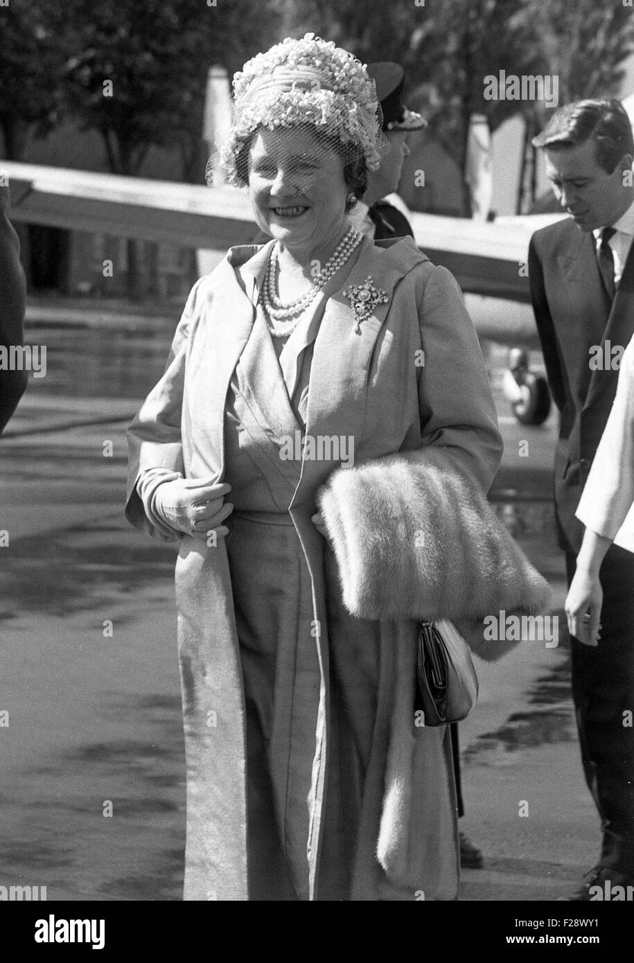 The Queen Mother wearing fur stoles at RAF Cosford 2/5/1961 1960s Stock Photo