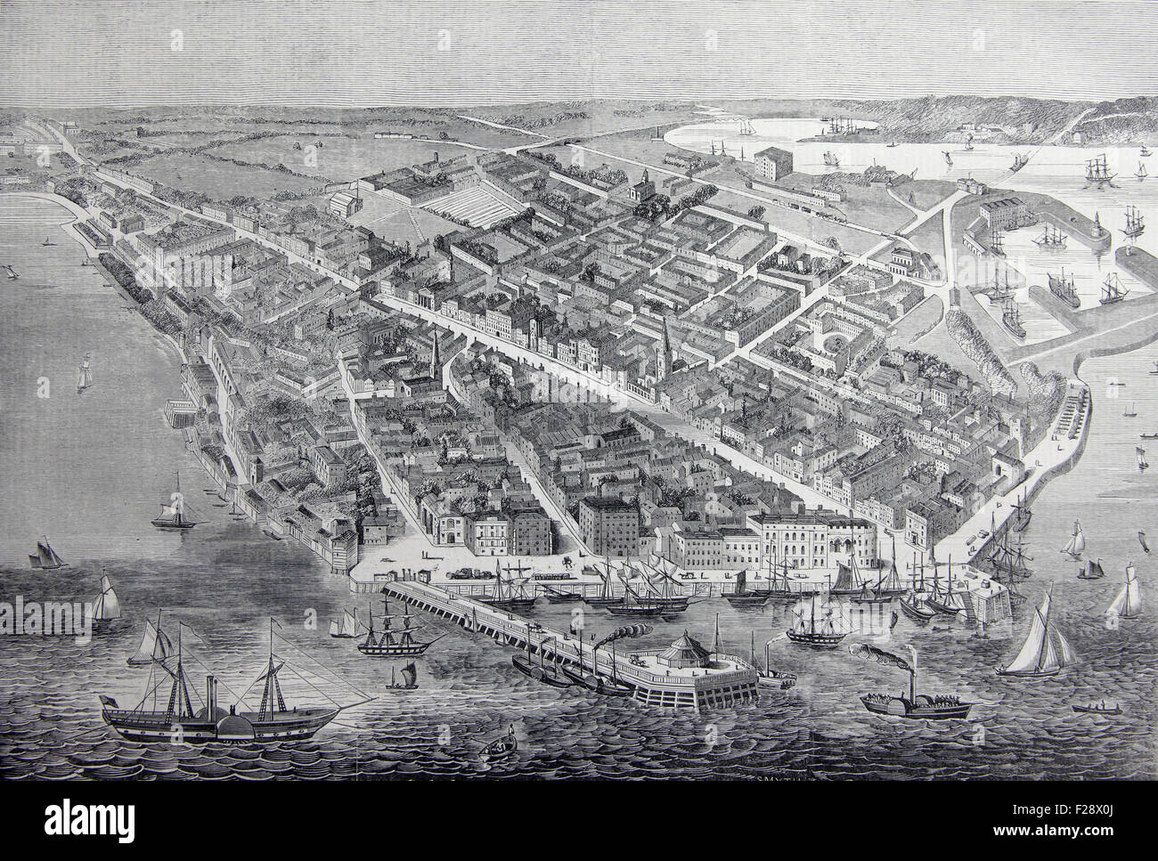 Southampton in the mid 19th Century, Illustrated London News 20th July 1844; Black and White Illustration; Stock Photo