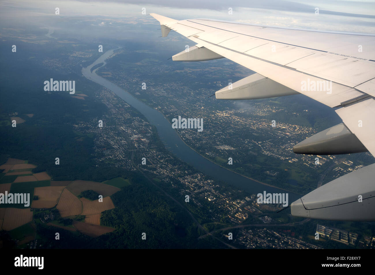 River Rhine Bonn Germany as seen from a Germanwings Airbus A319 commercial airliner after take off from Cologne Germany Stock Photo