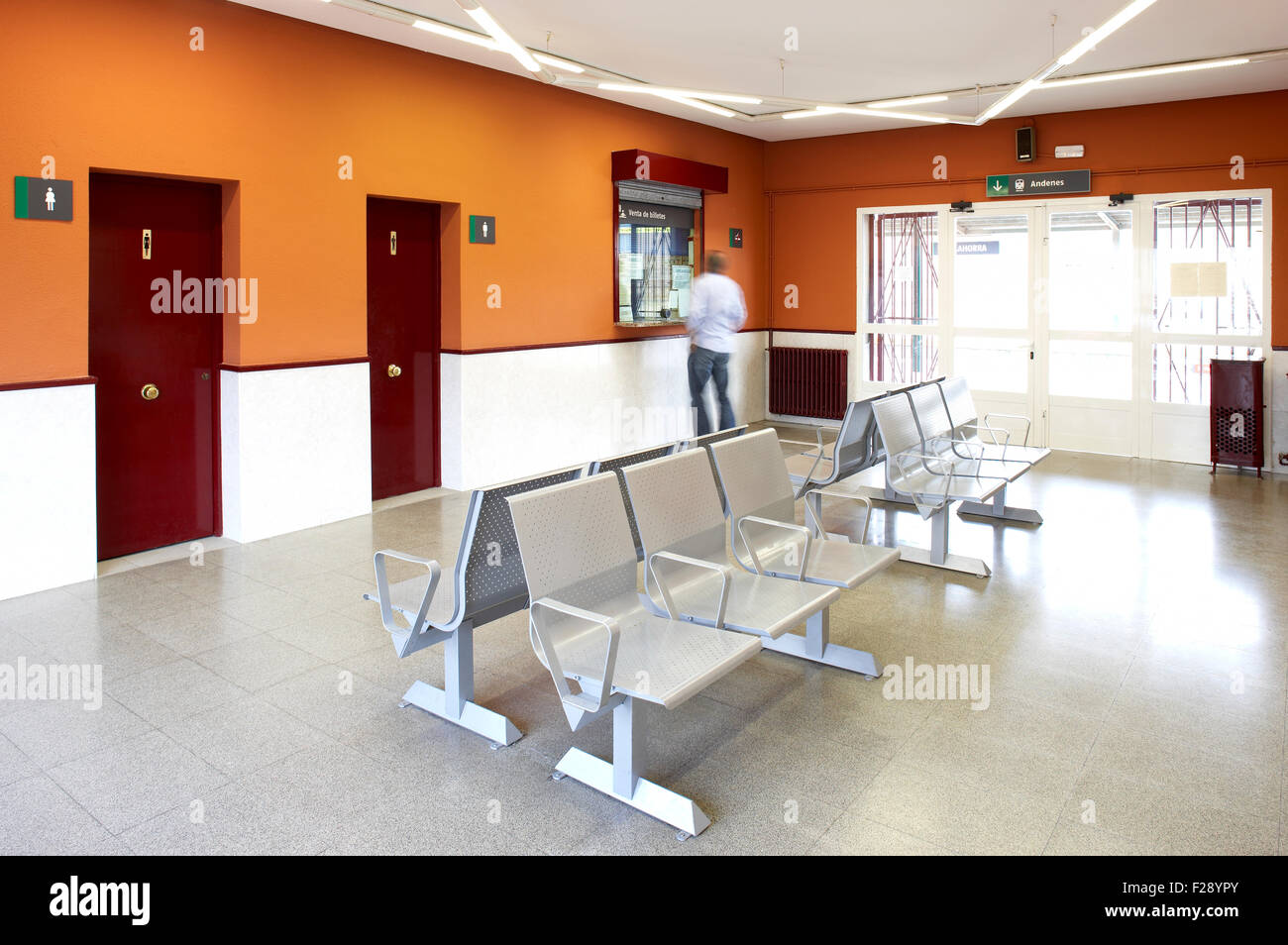 Railway station waiting room, rest rooms, seats and sales tickets