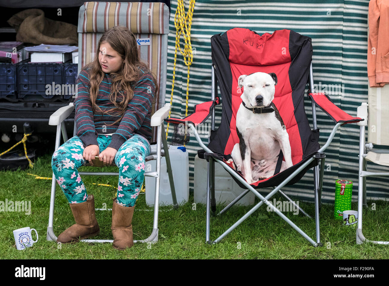 A young girl and her dog relaxing at the Essex Country Show, Barleylands, Essex. Stock Photo