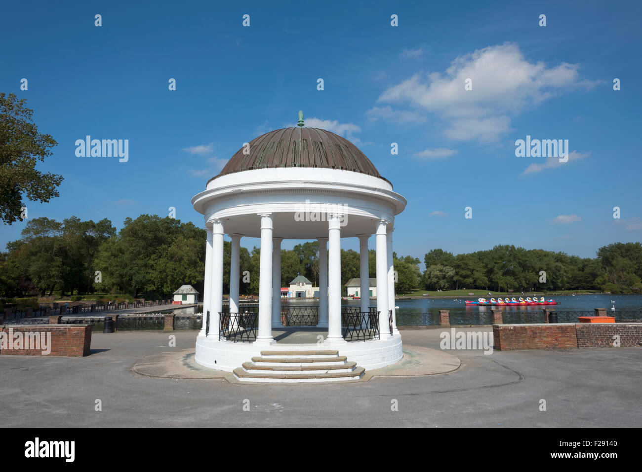 Bandstand alongside the lake in Stanley Park, Blackpool, Lancashire Stock Photo