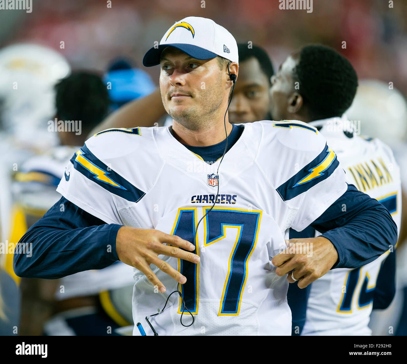 Santa Clara, CA. 3rd Sep, 2015. San Diego Chargers quarterback Philip Rivers (17) on the sideline during the NFL football game between the San Diego Chargers and the San Francisco 49ers at Levi's Stadium in Santa Clara, CA. The Niners defeated the Chargers 14-12. Damon Tarver/Cal Sport Media/Alamy Live News Stock Photo