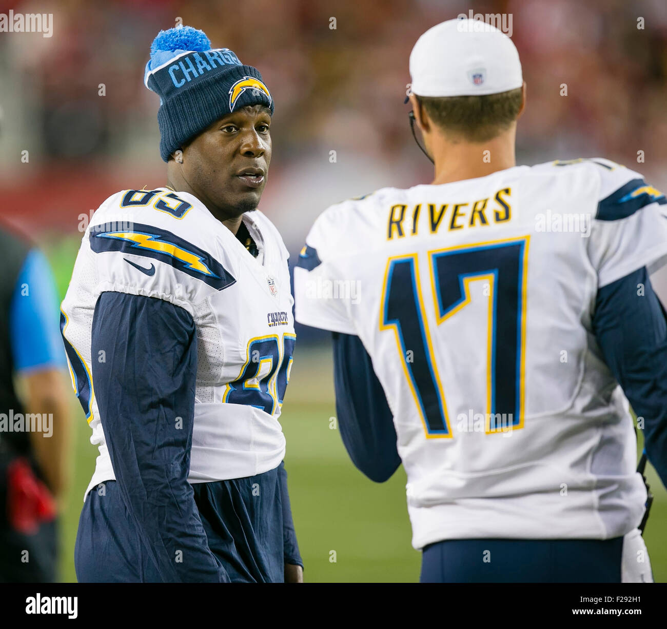Santa Clara, CA. 3rd Sep, 2015. San Diego Chargers tight end Antonio Gates (85) talks to San Diego Chargers quarterback Philip Rivers (17) on the sideline during the NFL football game between the San Diego Chargers and the San Francisco 49ers at Levi's Stadium in Santa Clara, CA. The Niners defeated the Chargers 14-12. Damon Tarver/Cal Sport Media/Alamy Live News Stock Photo
