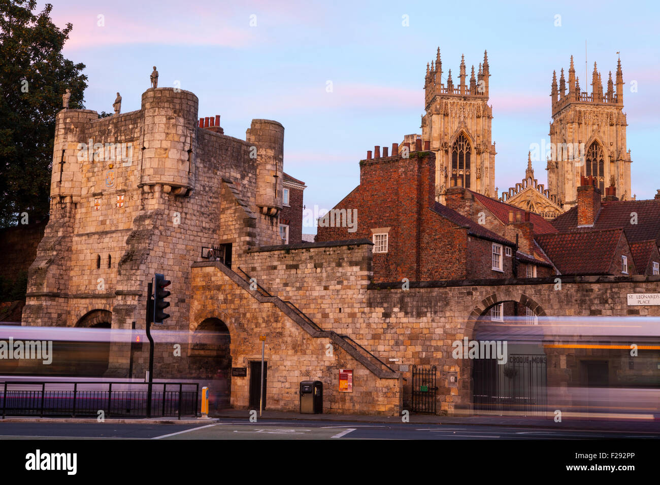 An evening view of Bootham Bar and the towers of York Minster in York, England. Stock Photo