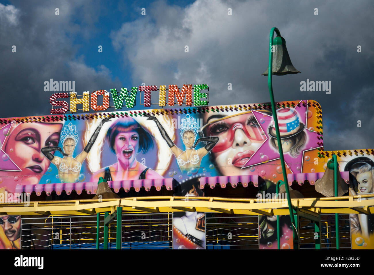 Colourful funfair ride sign on the Stade,, Hastings seafront, Hastings, East Sussex, England, UK Stock Photo
